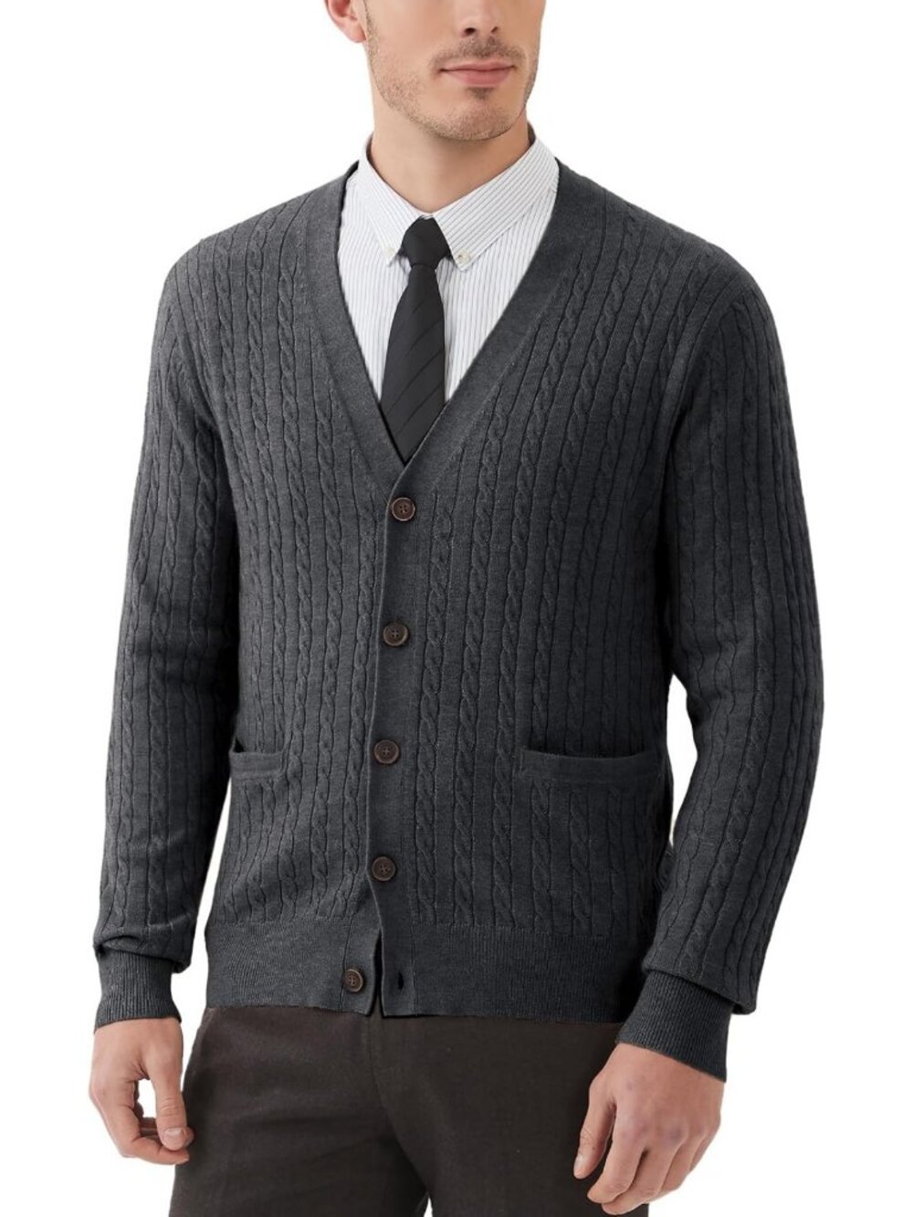 Cozy Men's Wool Blend Cable Knit Cardigan Sweater with V-Neck & Pockets